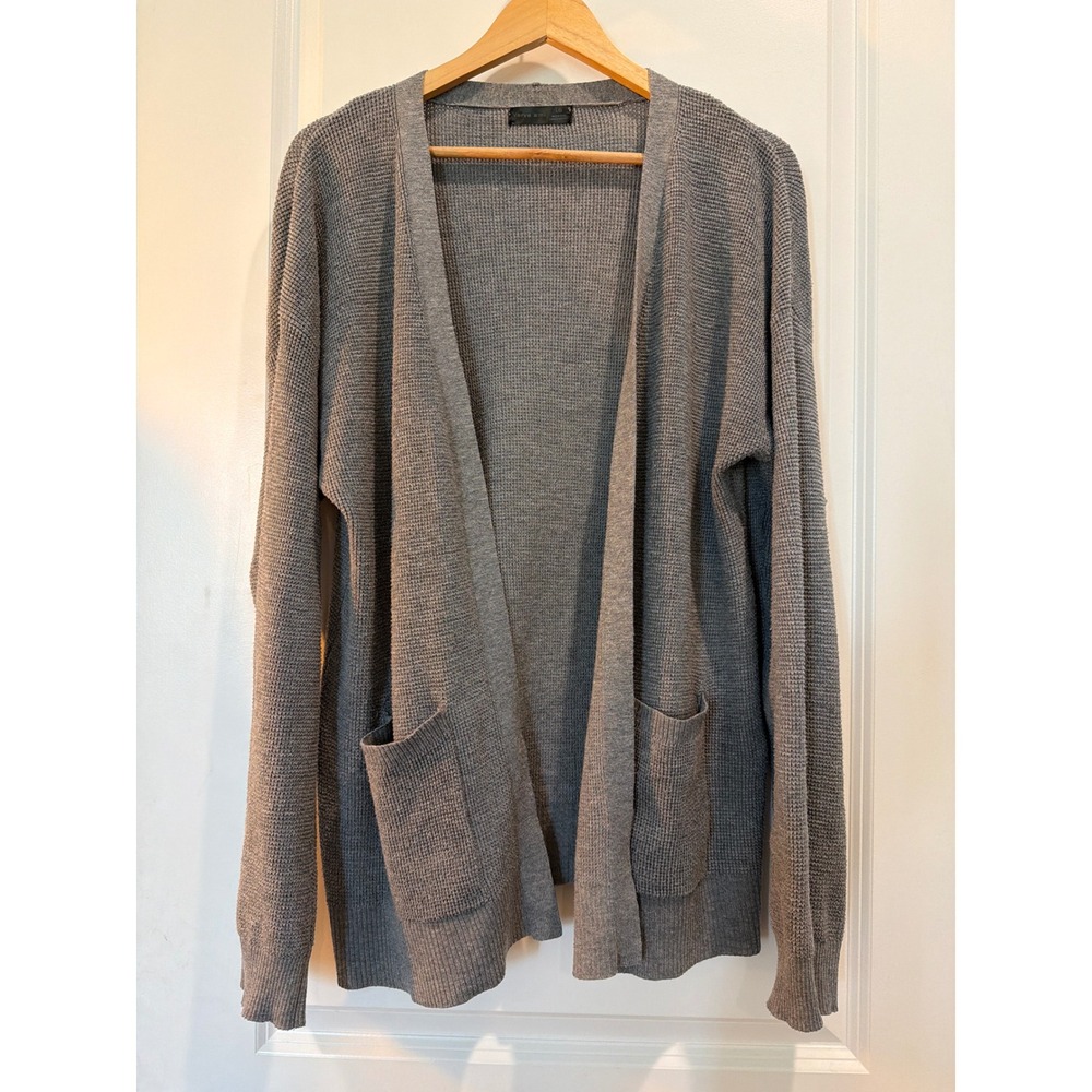 Verve Ami Gray Waffle Knit Open Front Cardigan Sweater Large Pockets Gray